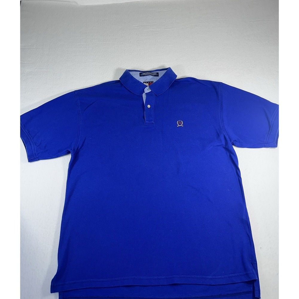 VTG Tommy Hilfiger Polo Shirt XL Blue Pique Cotton Crest Logo 90s Prep USA